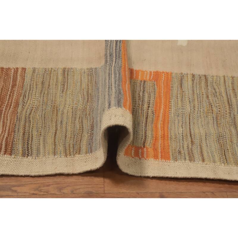 Hand Woven Oriental 100% Wool Carpet Southwestern Tribal Beige & Ivories Kilim Area Rug - 9' 7'' X 7' 9''