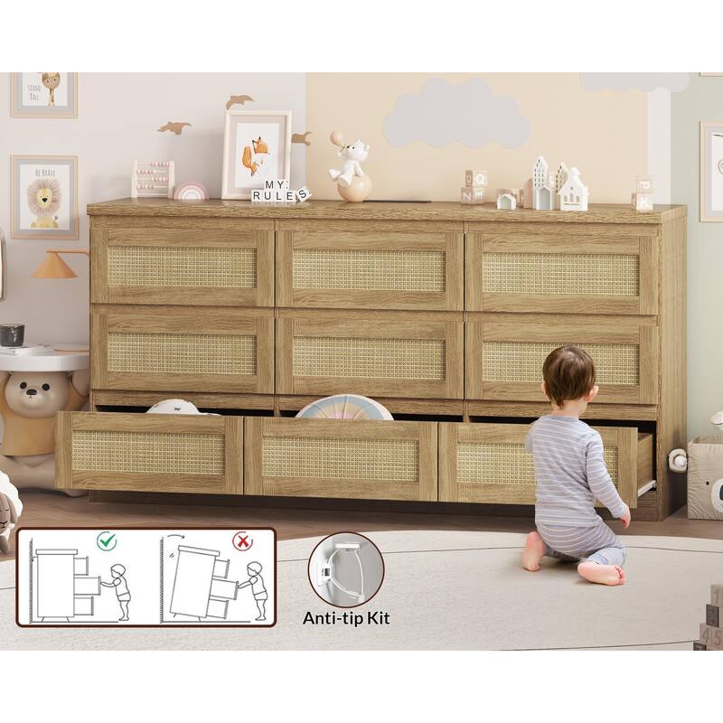 Farmhouse 9-Drawer Dresser with Rattan Accents and Built-In Charging Station, Wooden Storage Cabinet