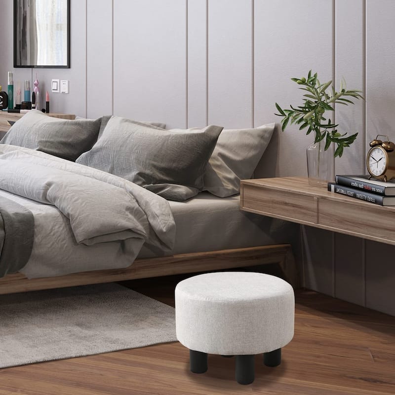 Modern Small Round Linen Ottoman Footstool with Wooden Legs for Bedroom or Living Room