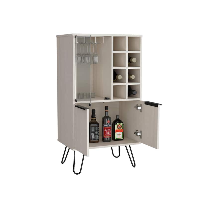 Aster 23" Wide Double Door Bar Cabinet and Glass door comparment, Eight bottle cubbies and stemware