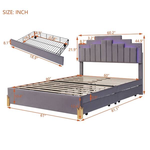 dimension image slide 2 of 3, Queen Size Velvet Upholstered Platform Bed with 4 Drawers and RGB Lights