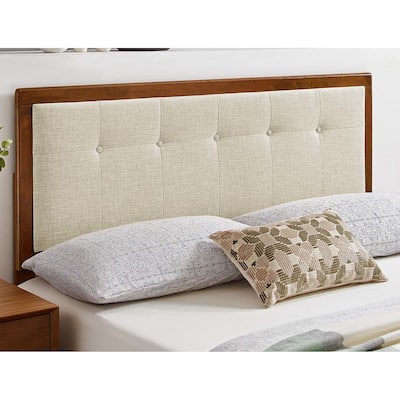 Marlin Traditional Beige Fabric Button Tufted King Walnut Wooden Headboard
