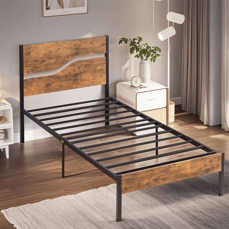 VECELO Beds Industrial Platform Bed Frame with Wood Headboard,Easy Set up