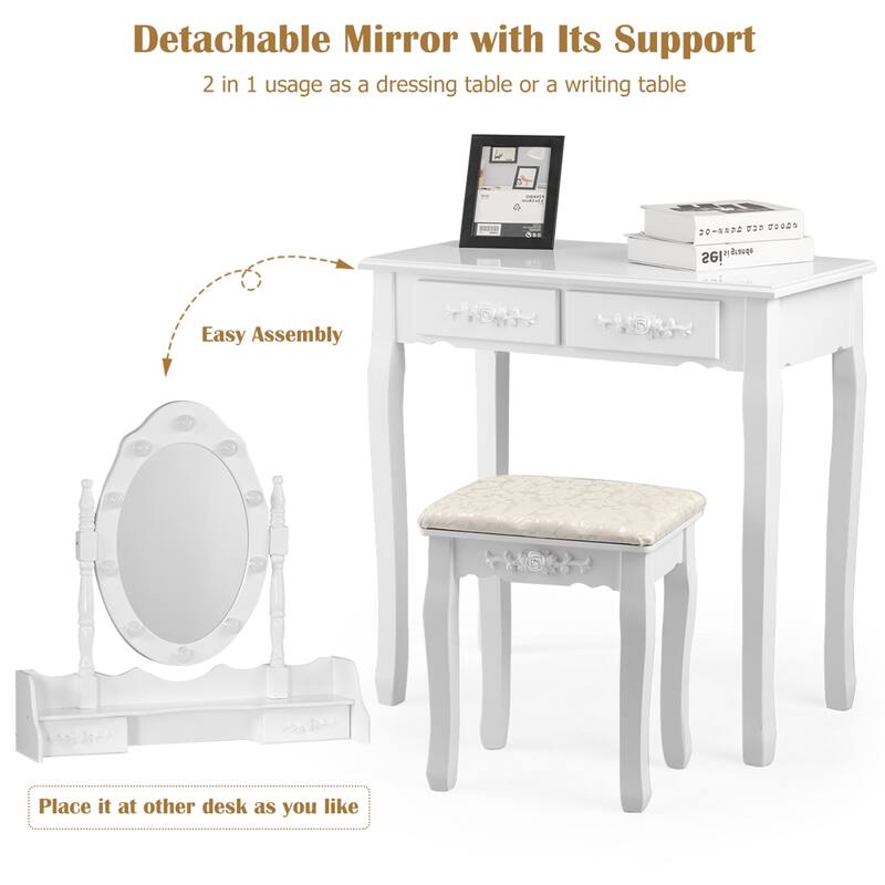 Gymax Makeup Vanity Dressing Table Set w/10 Dimmable Bulbs Cushioned - See Details