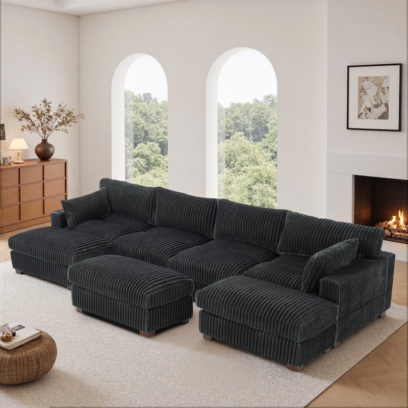 Oversied Plush Corduroy Fabric Modular Sectional Sofa with Chaise, Ottoman - Left Facing - Grey-6 Pieces