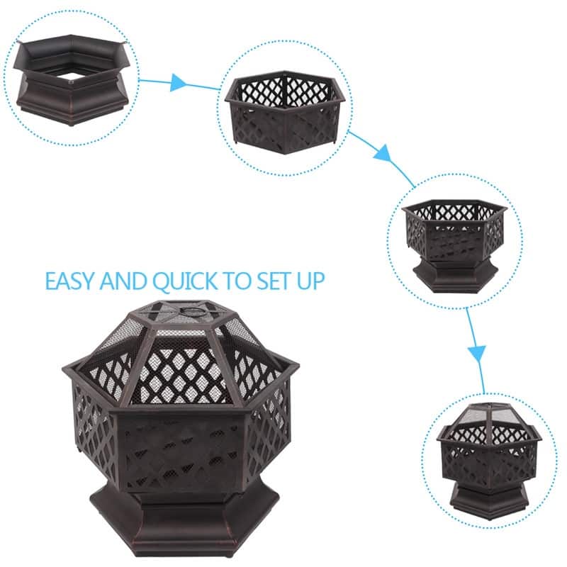 22" Hexagonal Shaped Iron Brazier Wood Burning Fire Pit