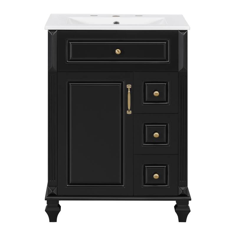 24"Bathroom Vanity with Sink, Freestanding Vanity Cabinet with Flip-Out Drawer, 3 Drawers & Storage Cabinet, Ceramic Sink Top