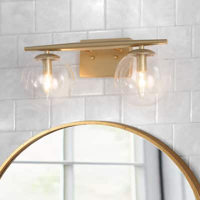Modern 2-light Bathroom Vanity lights Farmhouse Mid-century Gold Wall Sconces with Glass Globe - L 16" x W 6.5" x H 8"