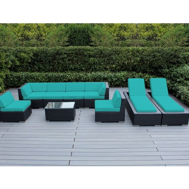 Ohana Outdoor Patio 9 Piece Black Wicker Sofa and Chaise Lounge Set - No Assembly