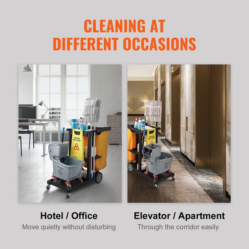 Cleaning Cart, 3-Shelf Commercial Janitorial Cart, 200 lbs Capacity Plastic Housekeeping Cart, with 25 Gallon PVC Bag