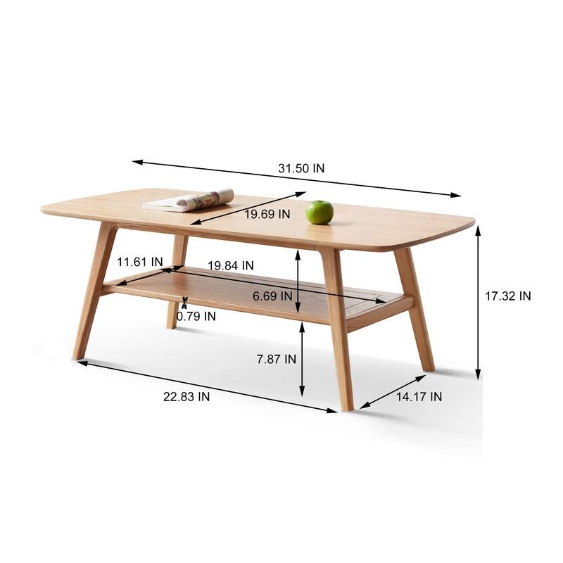 Grondin Nordic Natural Solid Wood 2-Tier Coffee Table with Shelf, Rectangle Accent Cocktail Table