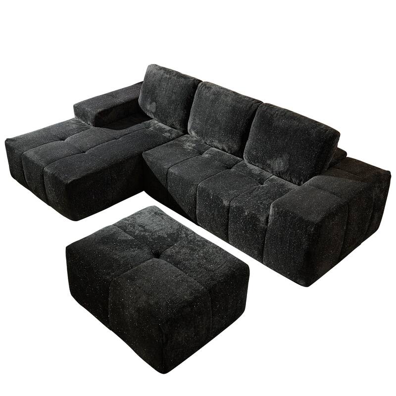 HOOOWOOO Modern Sparkly Velvet Fabric Chaise Sofa Couch with Ottoman