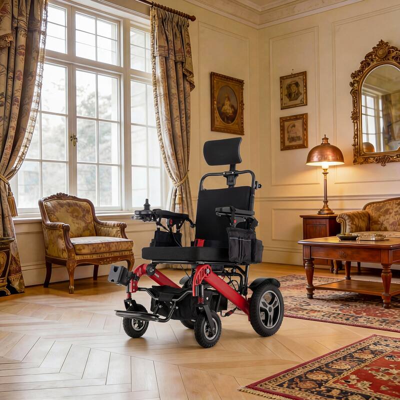 Foldable Electric Wheelchair for Adults, 300W Motor, Lightweight Aluminum Frame, Portable Power Wheelchair - Red