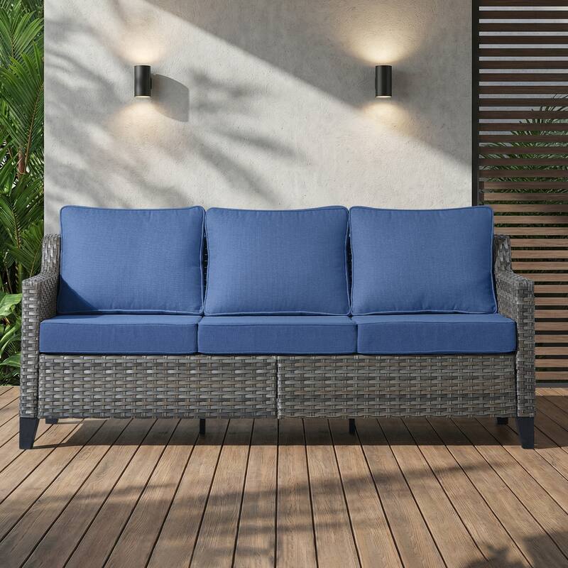 Meyreso Gray Wicker 3-Seat Patio Sofa with 4-Inch Thick Cushions