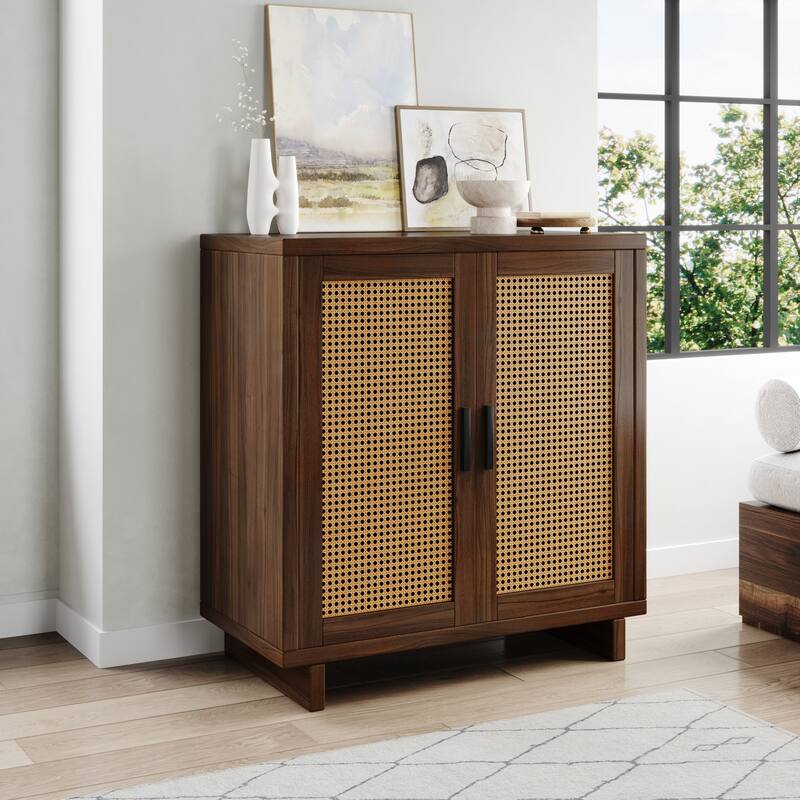 Farmhouse Woven Rattan Sideboard Accent Cabinet - Espresso