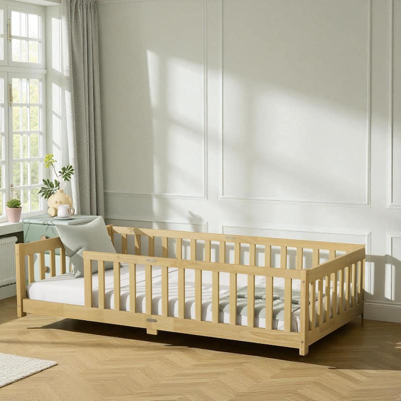Twin Size Wooden Floor Bed with Fence, Solid Rubber Wood Montessori Bed Frame with Safety Guardrails for Kids - Natural - Twin