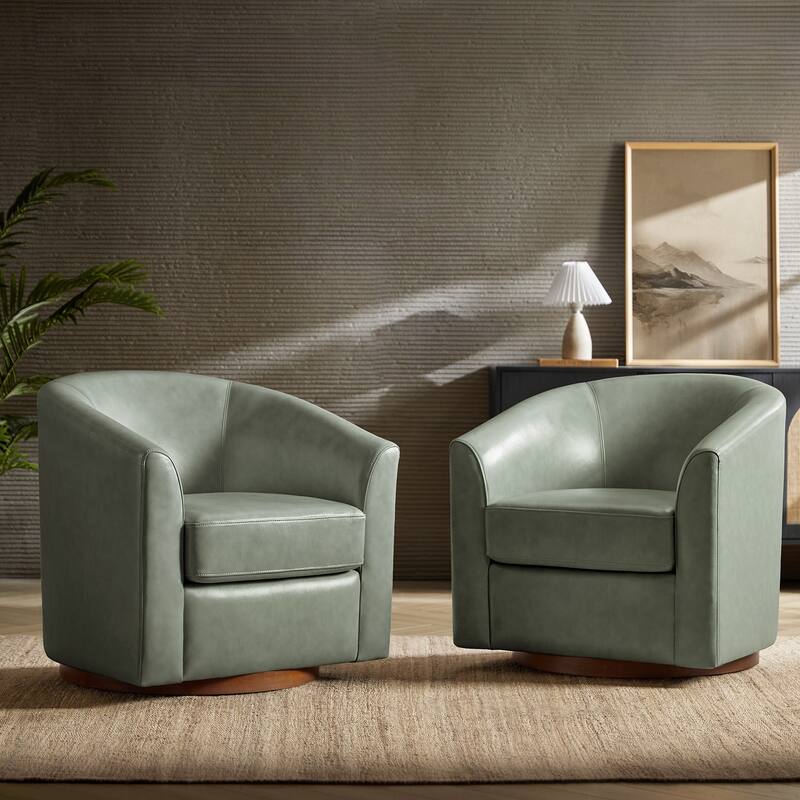 Althea Modern Genuine Leather Swivel Barrel Chair with Solid Wood Base Set of 2 By HULALA HOME