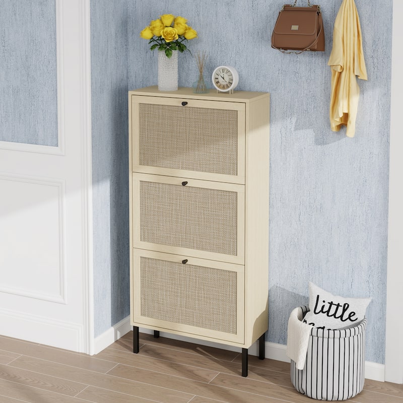 Roomfitters Rattan Shoe Cabinet, Modern Freestanding Shoe Storage Organizer with 3 Flip Doors