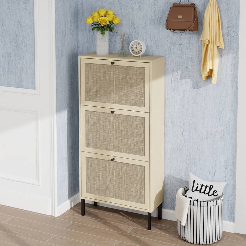 Shoe Storage Cabinet with 3 Flip Drawers, Freestanding 3-Tier Shoe Rack, Slim Shoe Organizer with Half Round Woven Rattan Doors
