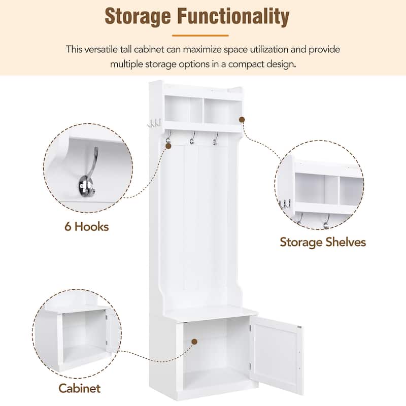 Multi-functional Wood Coat Rack with Cabinet and 6 Hanging Hooks
