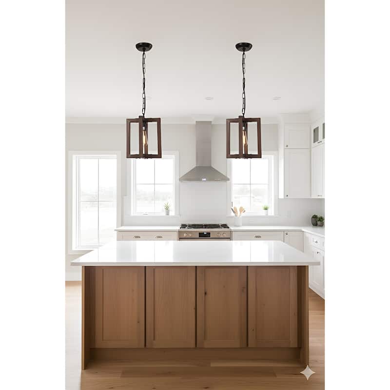 1-Light Wood Lantern Square/Rectangle Mimi Pendant Lamp Island Kitchen Light