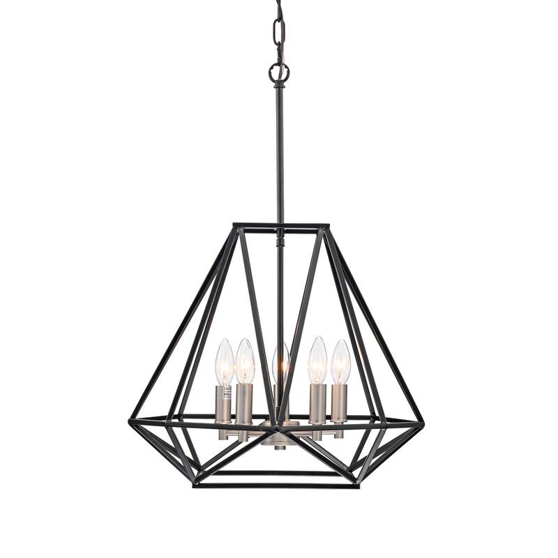 Matte Black and Brushed Nickel 5-Light Geometric Cage Lantern Chandelier