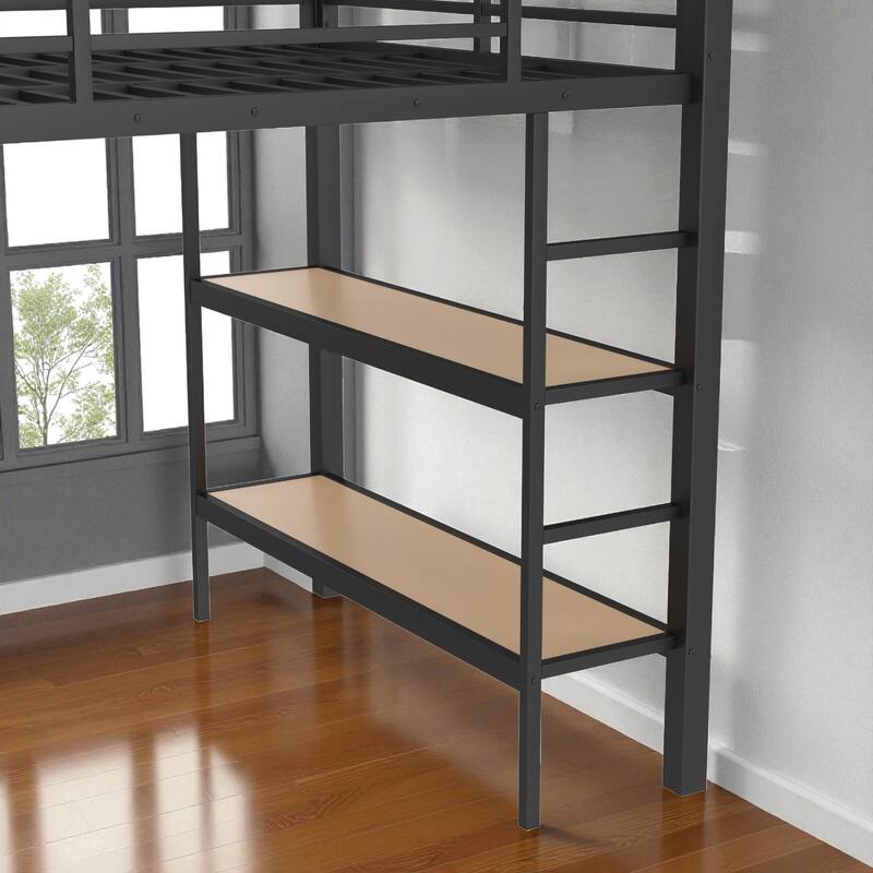 Full/Queen Size Metal Loft Bed with Wardrobe, Shelves & Pegboard, Space-Saving Bed Frame with Storage & Guardrails