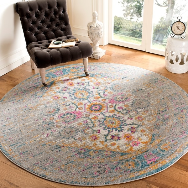 slide 2 of 27, SAFAVIEH Madison Ellice Vintage Boho Oriental Rug 6'7" Round - Light Grey/Fuchsia - Round