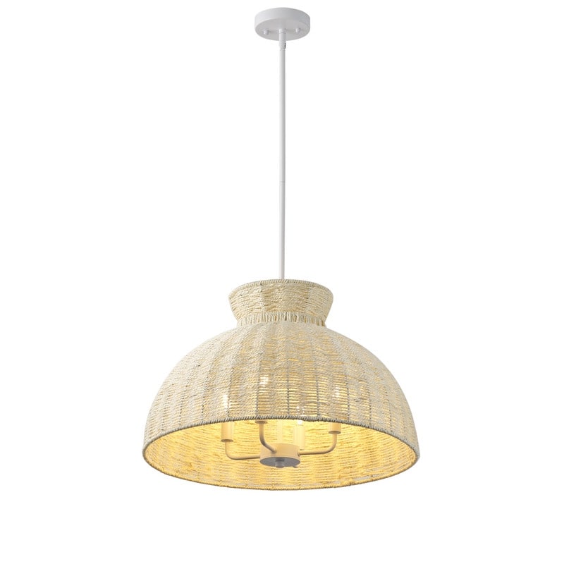 Boho Woven Rope Pendant Light Matte White and Beige 4 Light Ceiling Lamp for Dining Room or Kitchen Island