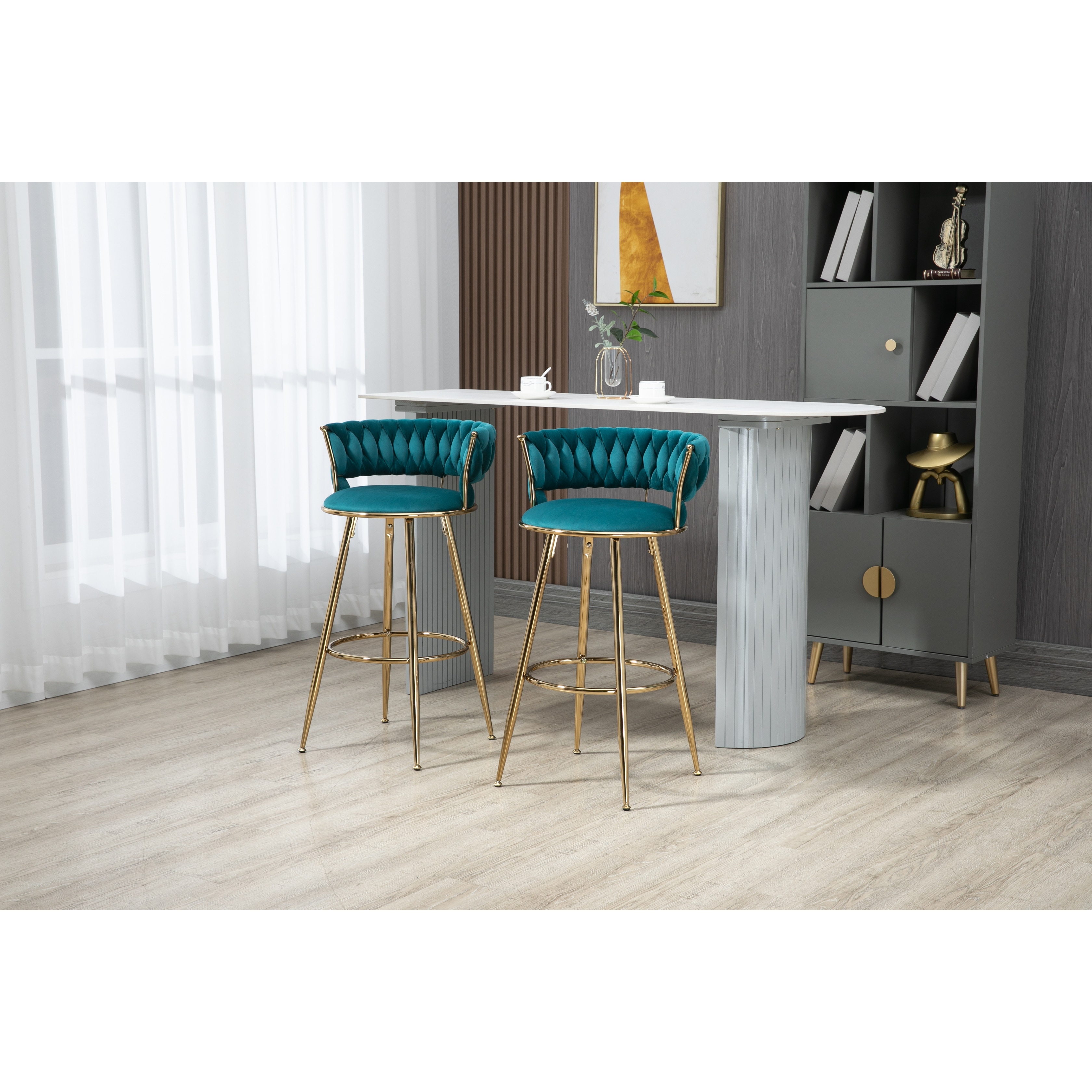Velvet Bar Stools Set of 2 Low Back Barstools with Footrest Teal