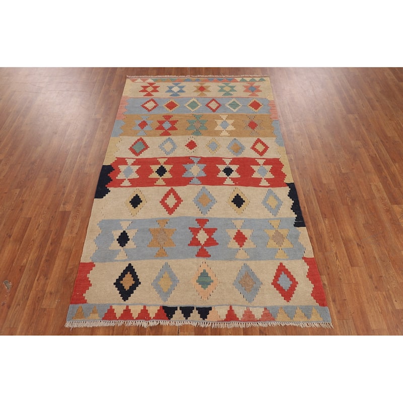 Striped Geometric Kilim Persian Vintage Area Rug Flatweave Wool Carpet - 4'8"x 7'10"