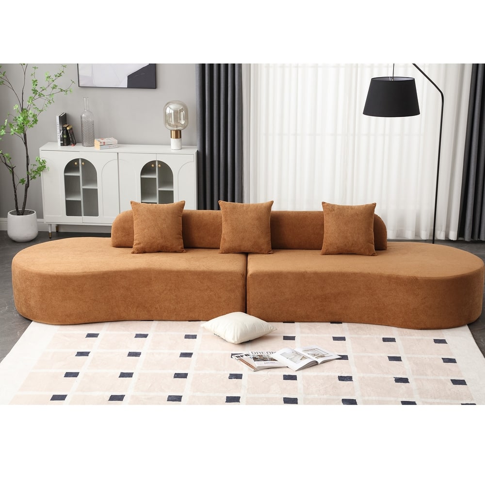 Modern Curved Modular Sectional Sofa, Terrycloth 4 Seater Cloud Boneless Couch, Upholstered Round Couch with 3 Pillows