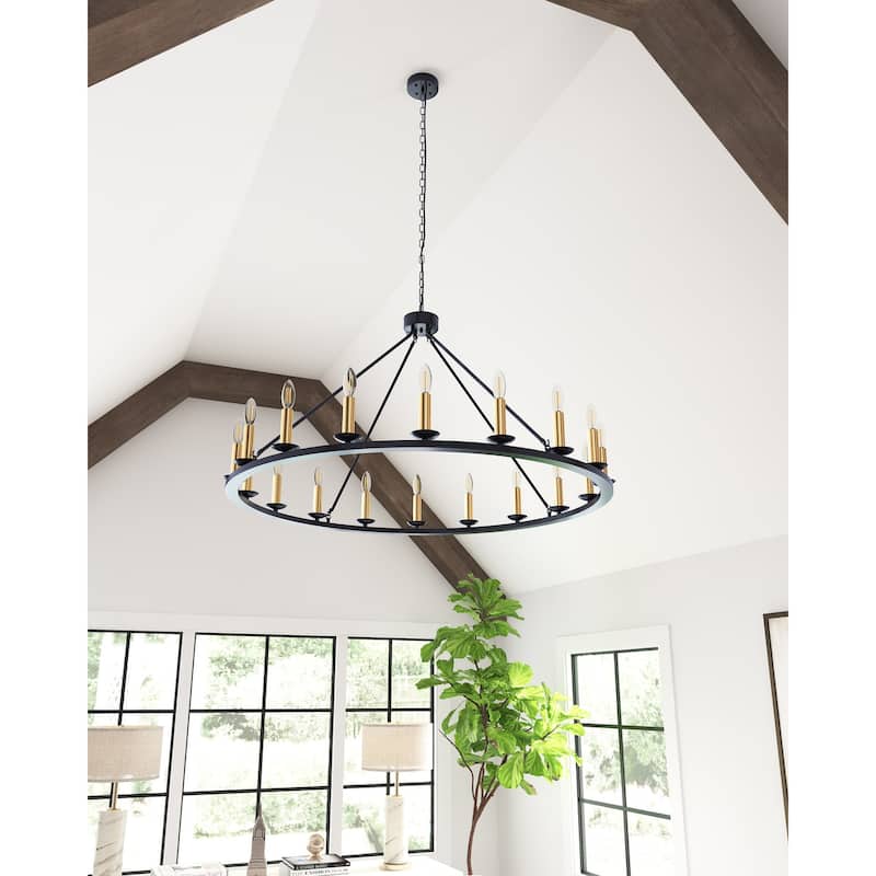 48" Black 18-Light Gold Candle Style Wagon Wheel Chandelier