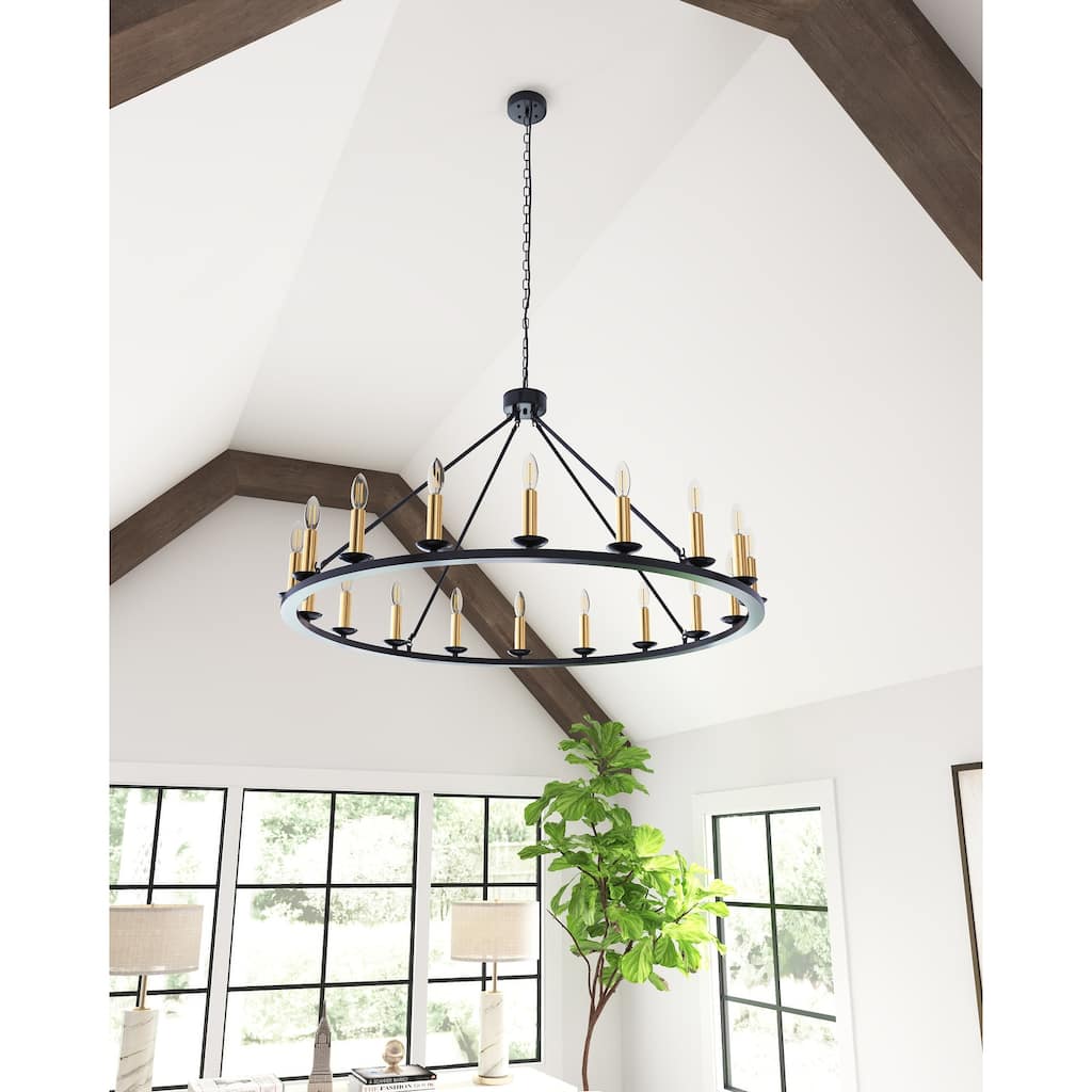 48" Black 18-Light Gold Candle Style Wagon Wheel Chandelier