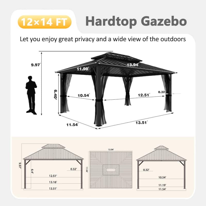 VEIKOUS Aluminum Double Hardtop Gazebo Pergola for Patio, Lawn, and Garden with Removable Netting