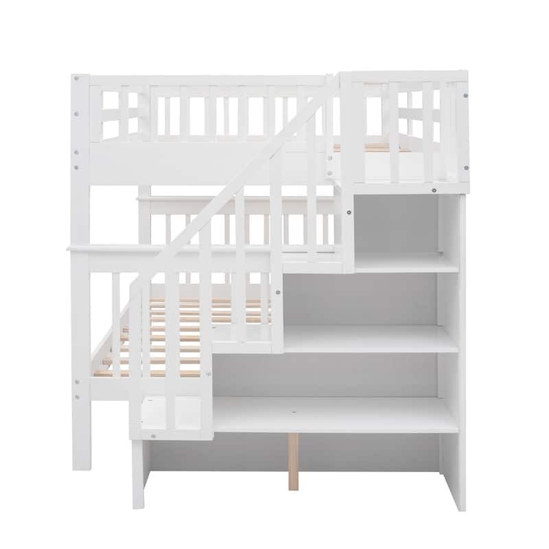 Full-Over-Full Wooden Bunk Bed with Storage Stairway and Full-Length Guardrail, Splits into 2 Beds, for Kids Teens Bedroom Dorm