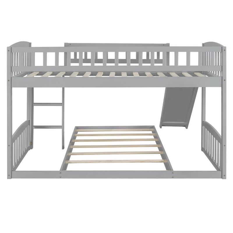Twin Over Twin Solid Wood Bunk Bed with Slide and Ladder, Gray Pine Wood and MDF Frame Bed