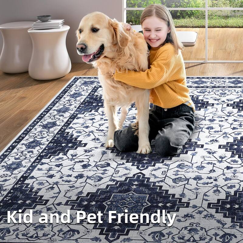 Washable Area Rug Vintage Boho Rug Low Pile Non-Slip Area Rugs Soft Foldable Indoor Carpet