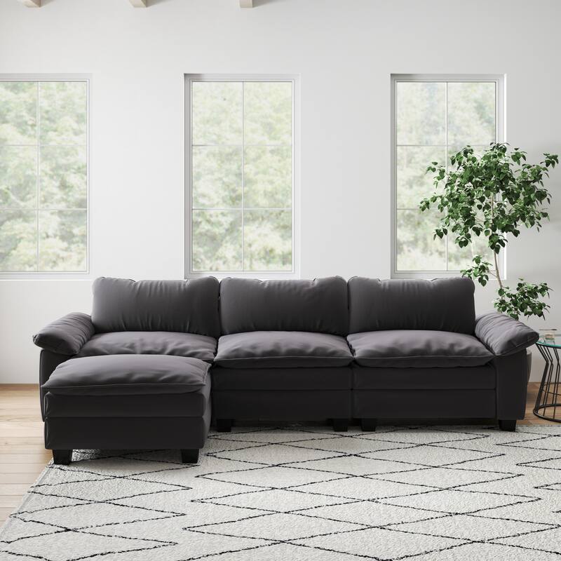 Luxury Velvet Upholstered Sectional Sofa Couch with Ottoman