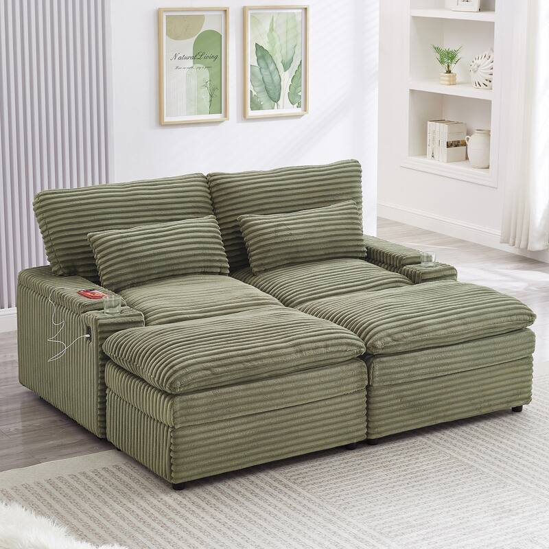 Loveseat Sofa Free-combined Sectional Convertible Sofa Bed with Storage Space, Two Movable Ottomans, Four USB Ports - Green