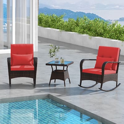 Gymax 3 Piece Outdoor Rocking Set Rattan Rocker Chairs w/ Tempered