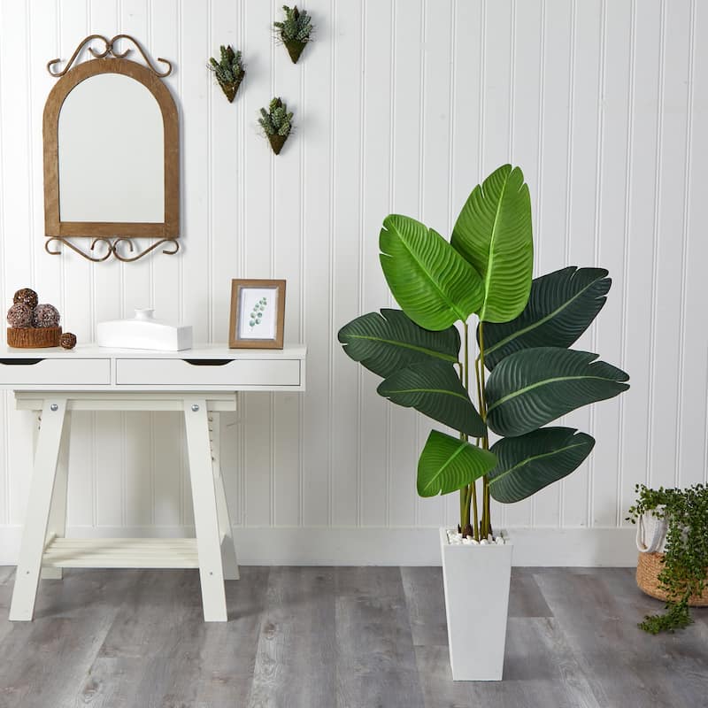 Artificial Travelers Palm Tree - 4.5Ft Indoor Tropical Plant in White Planter - Green - 51-60 Inches