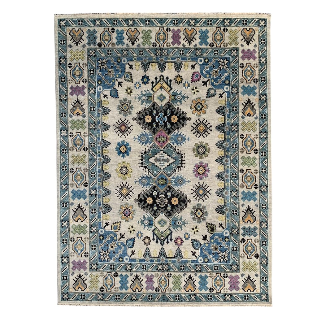 Beige Hand Knotted Wool Traditional Rug 6' x 9' - Ornamental Medallion 0.5" Pile Stain Resistant - N/A