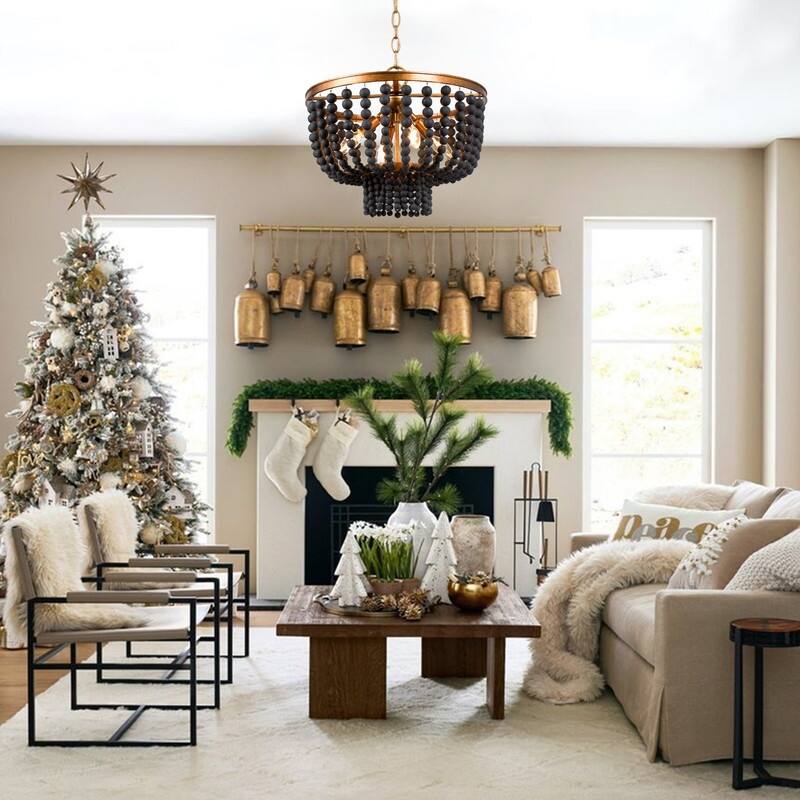 Mid-century Modern Boho Wood Beads Drum Chandelier 4-Light Farmhouse Distressed Pendant for Dining Room/ Foyer