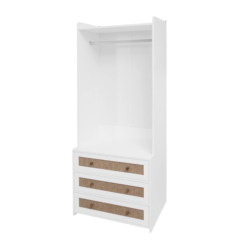 70.98" High Wardrobe with 3 Drawers & Hanging Rod, Engineered Rattan Armoire Closet for Living Room Bedroom Organizer