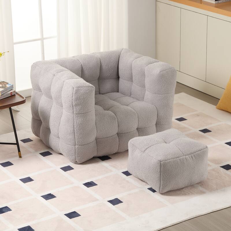 Boucle Upholstered Tufted Modern Non-installation Bean Bag Sofa Chair with Ottoman for Living Room - Gray