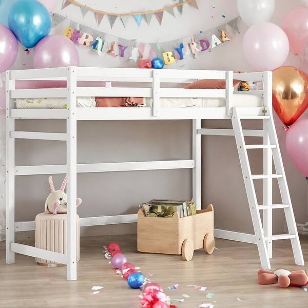 slide 2 of 9, Twin Size High Loft Bed with inclined Ladder and Guardrails, Grey White