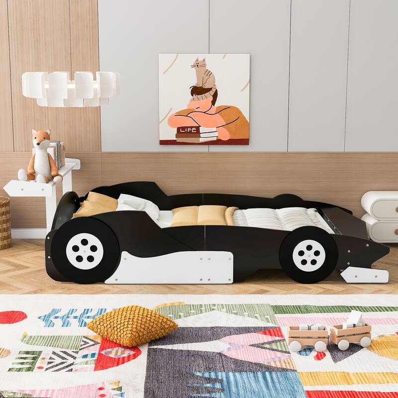 Full Size Solid Wood Race Car-Shaped Platform Bed with Headboard, Wheels and Storage Rack