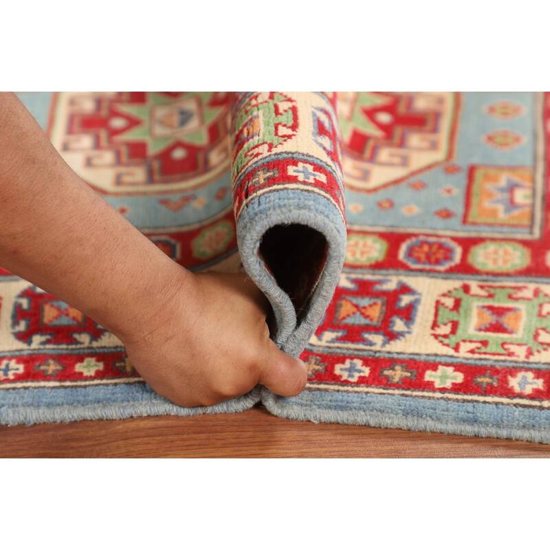 Light Blue Geometric Kazak Accent Rug Handmade Wool Carpet - 2'8" x 3'10"