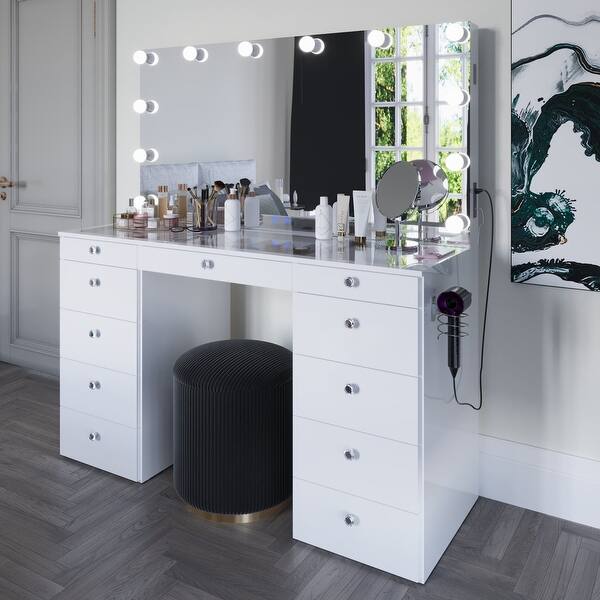 Boahaus Makeup Vanity Table, 13 Drawers, Lights, Glass Top, White - N/A